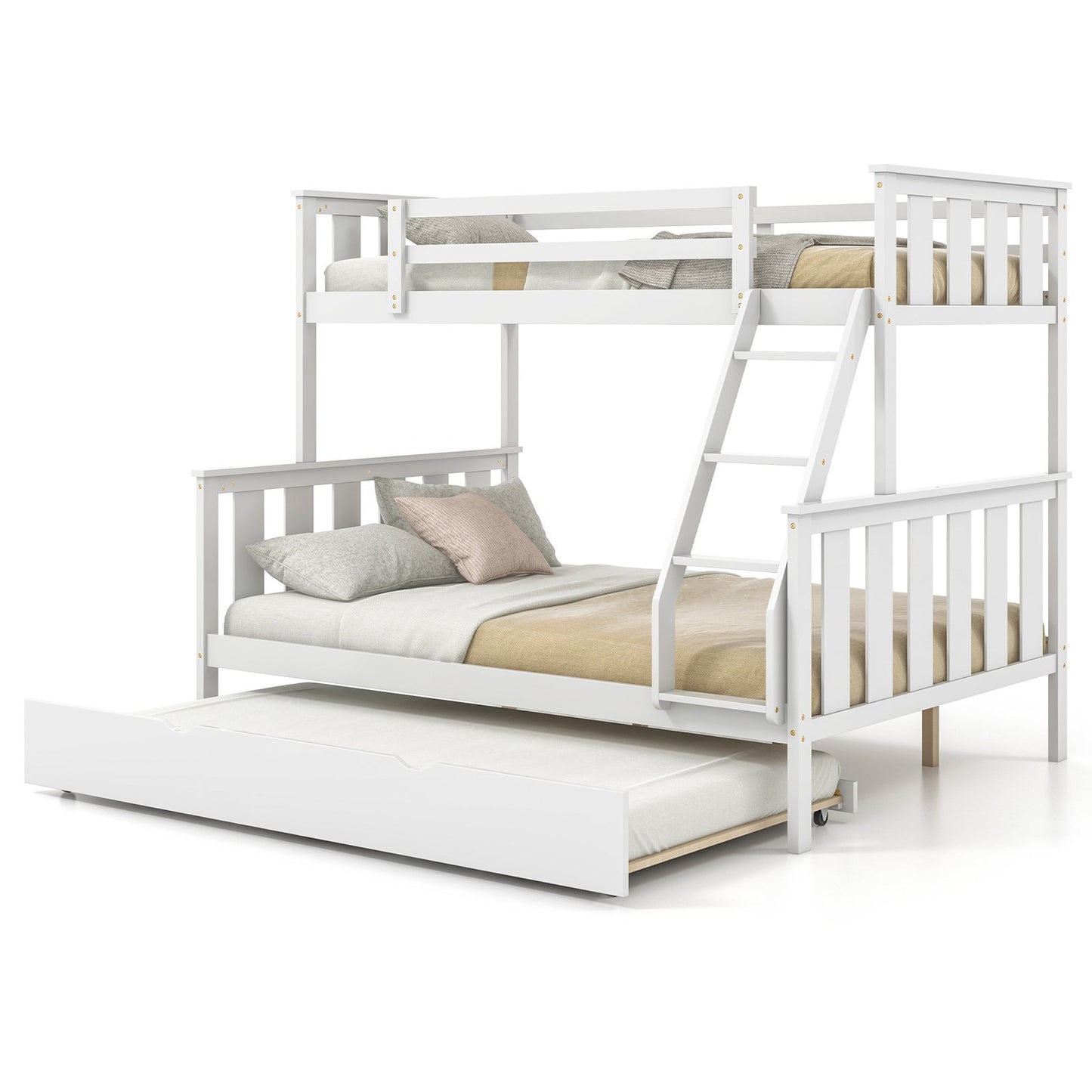 Modern Twin Over Full Bunk Bed with Trundle, Reversible Ladder, White Wood Finish
