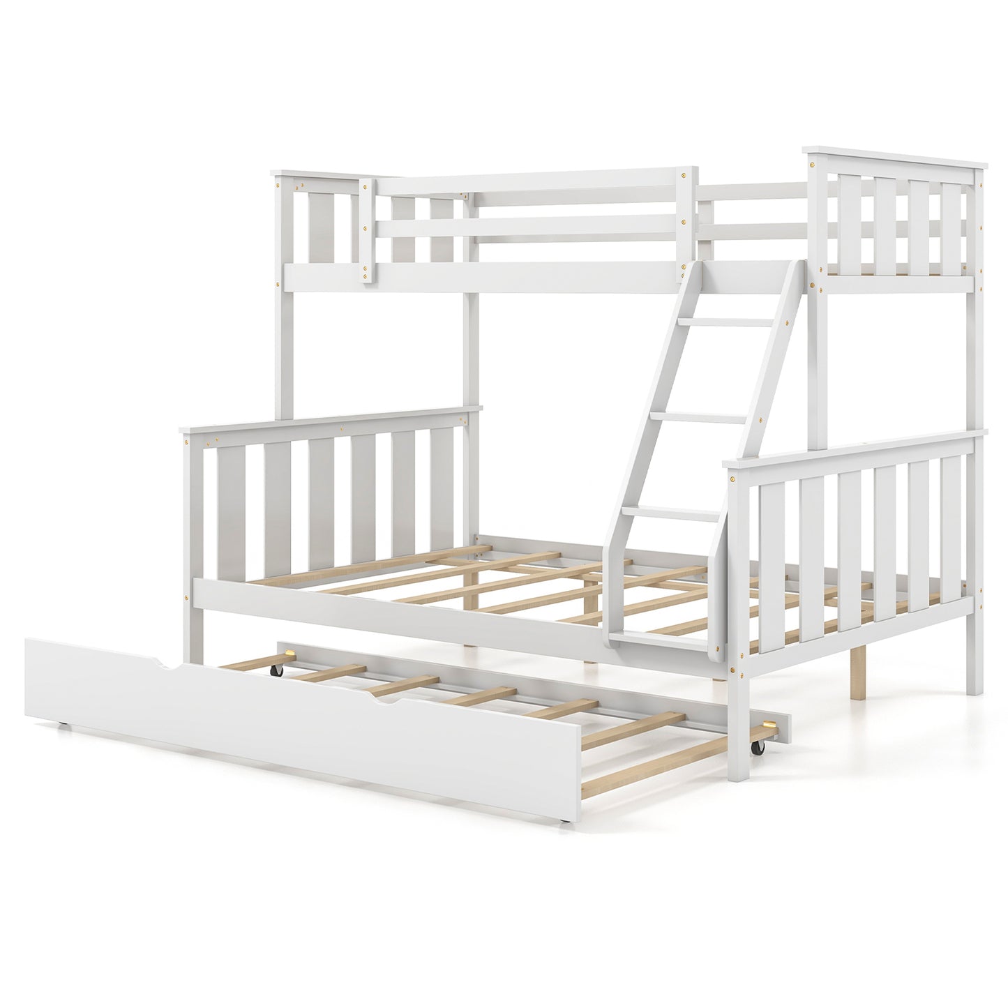 Modern Twin Over Full Bunk Bed with Trundle, Reversible Ladder, White Wood Finish