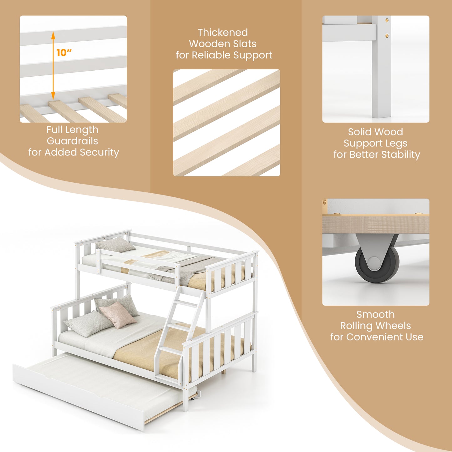 Modern Twin Over Full Bunk Bed with Trundle, Reversible Ladder, White Wood Finish