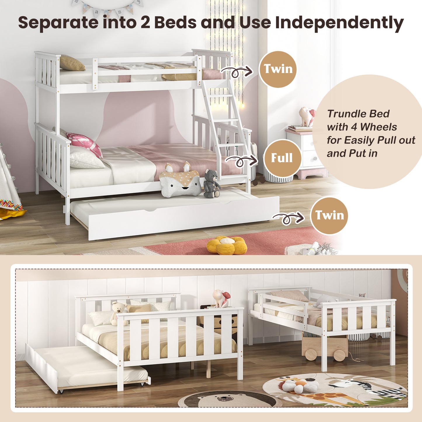 Modern Twin Over Full Bunk Bed with Trundle, Reversible Ladder, White Wood Finish