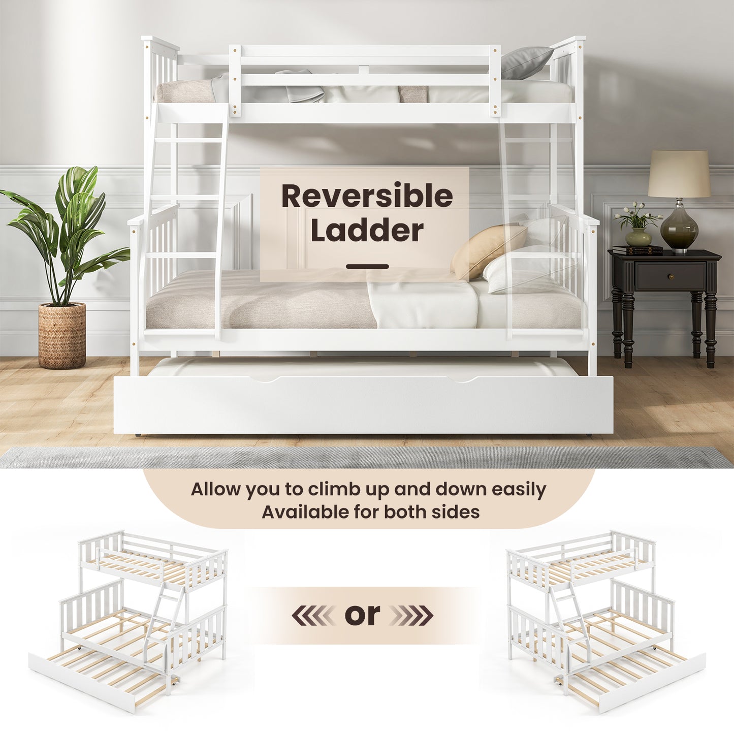 Modern Twin Over Full Bunk Bed with Trundle, Reversible Ladder, White Wood Finish