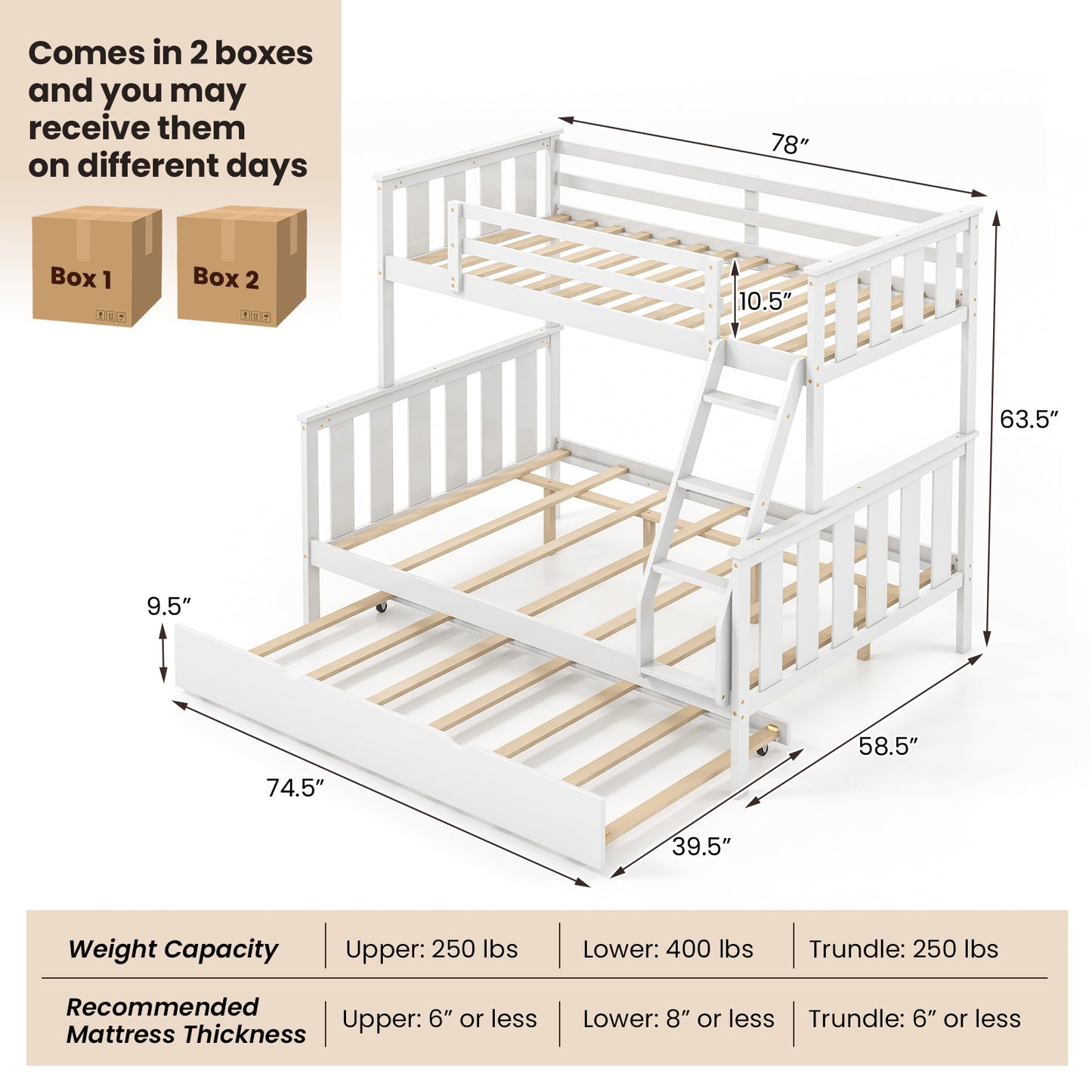 Modern Twin Over Full Bunk Bed with Trundle, Reversible Ladder, White Wood Finish