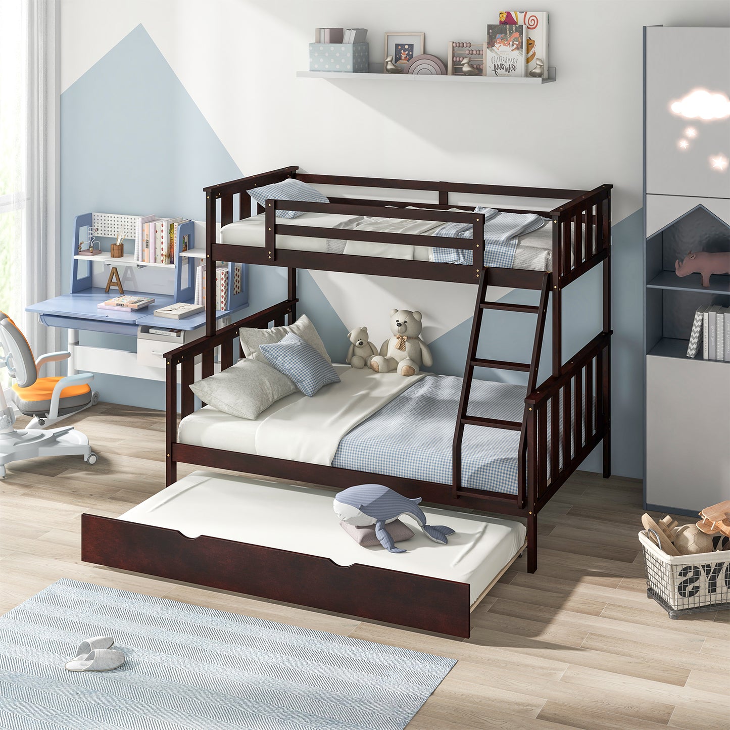 Modern Twin Over Full Bunk Bed with Trundle, Reversible Ladder, Espresso Wood Finish