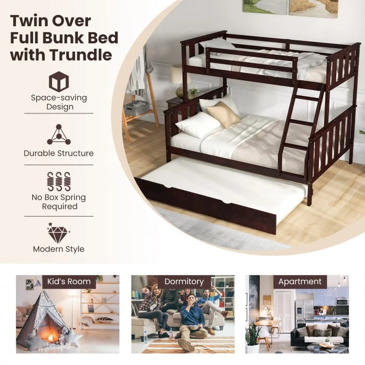Modern Twin Over Full Bunk Bed with Trundle, Reversible Ladder, Espresso Wood Finish