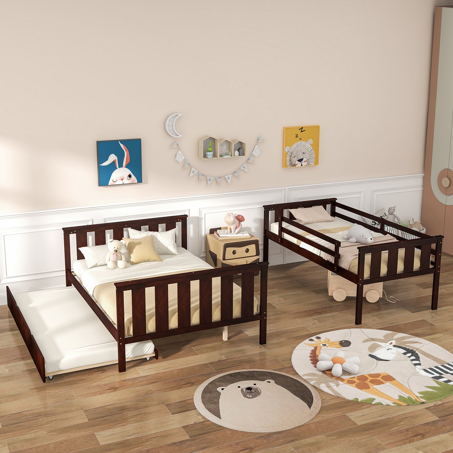 Modern Twin Over Full Bunk Bed with Trundle, Reversible Ladder, Espresso Wood Finish