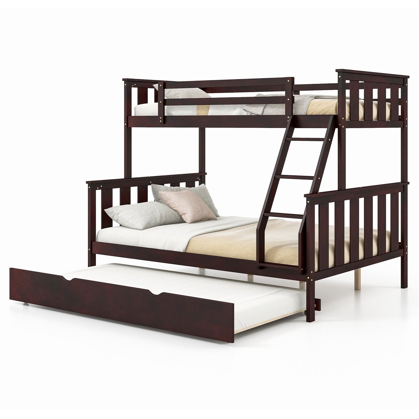 Modern Twin Over Full Bunk Bed with Trundle, Reversible Ladder, Espresso Wood Finish