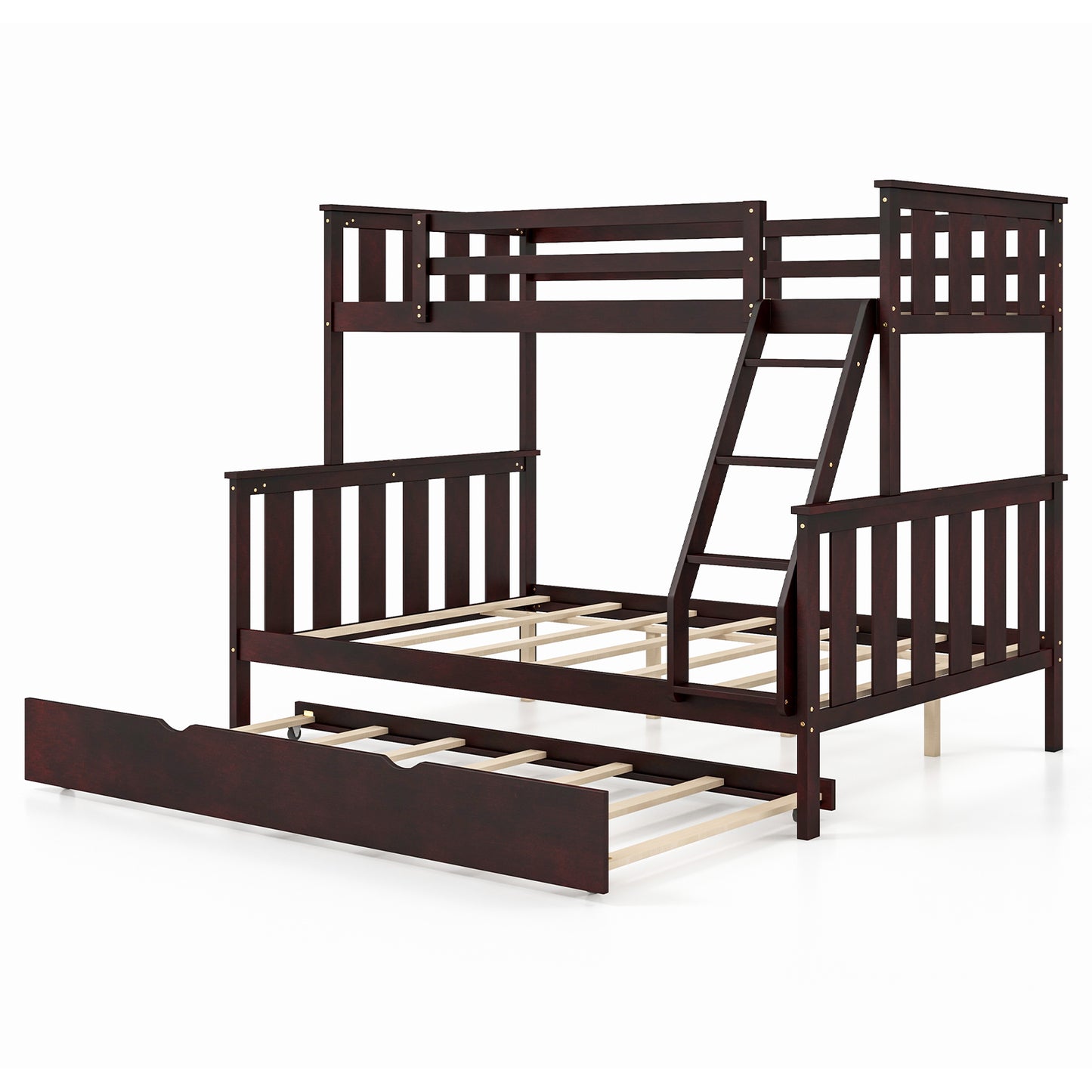 Modern Twin Over Full Bunk Bed with Trundle, Reversible Ladder, Espresso Wood Finish