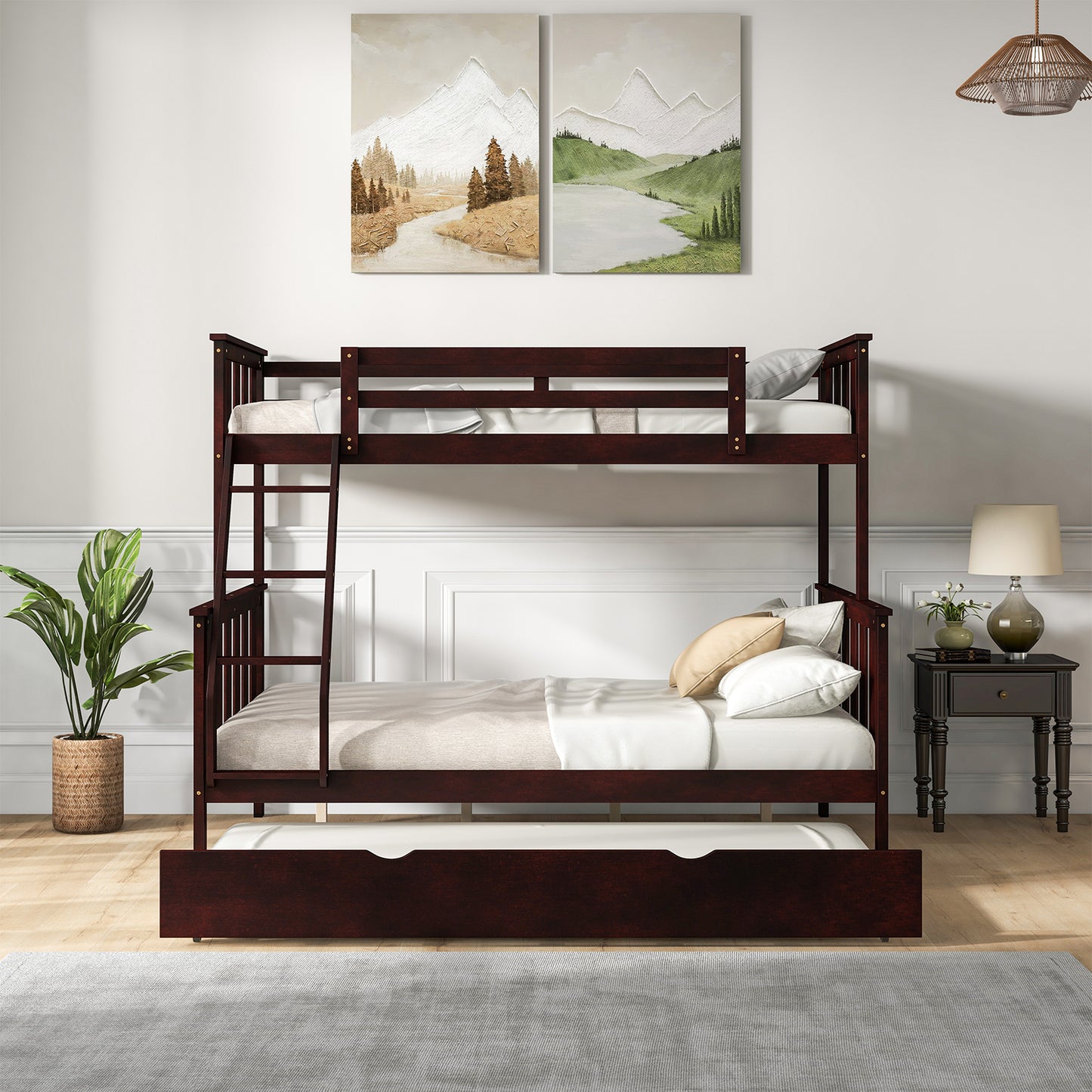 Modern Twin Over Full Bunk Bed with Trundle, Reversible Ladder, Espresso Wood Finish
