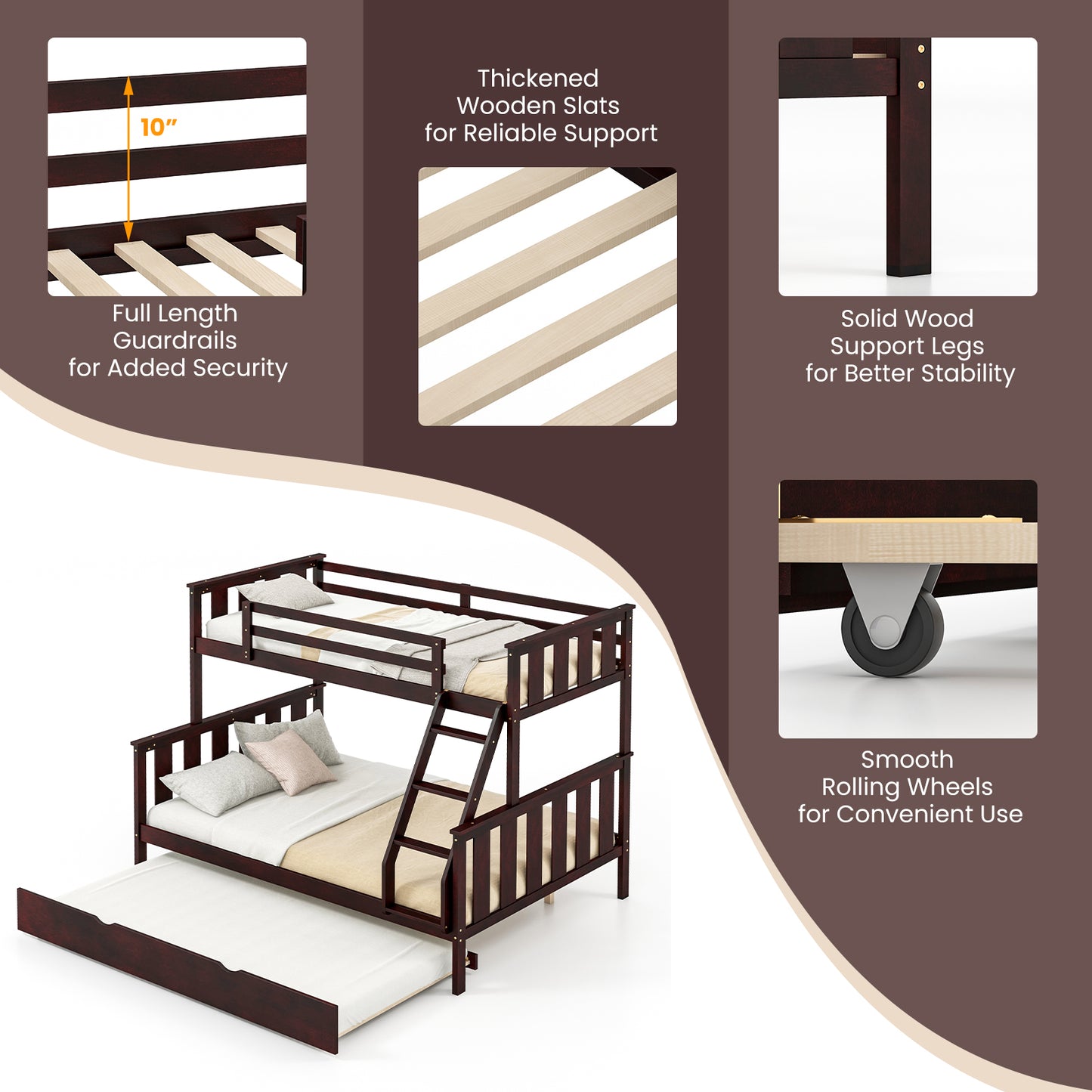 Modern Twin Over Full Bunk Bed with Trundle, Reversible Ladder, Espresso Wood Finish