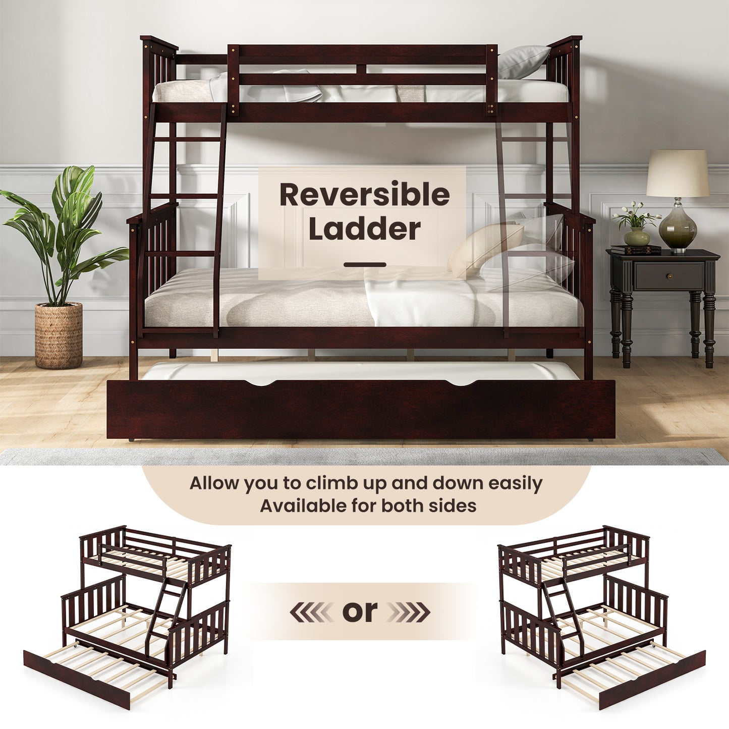 Modern Twin Over Full Bunk Bed with Trundle, Reversible Ladder, Espresso Wood Finish