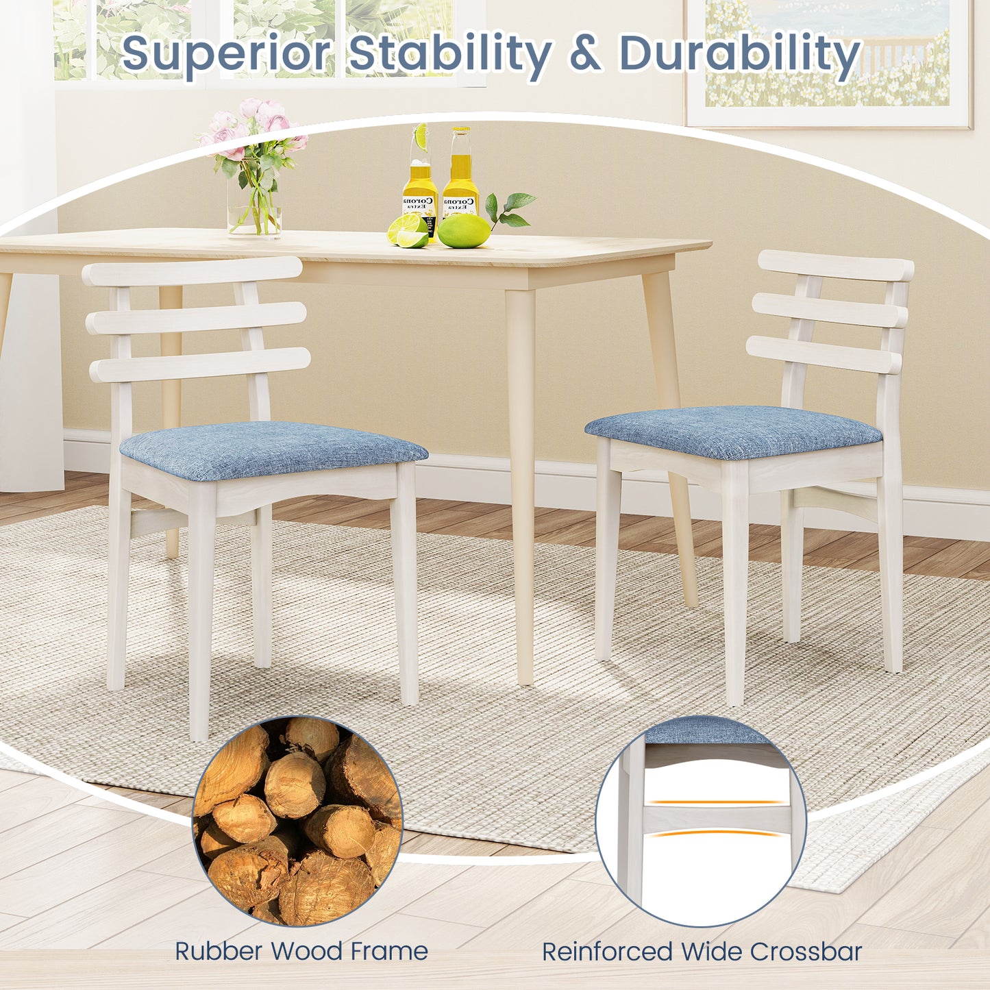 Set of 2 Upholstered Dining Chairs with Rubber Wood Frame and Padded Seat