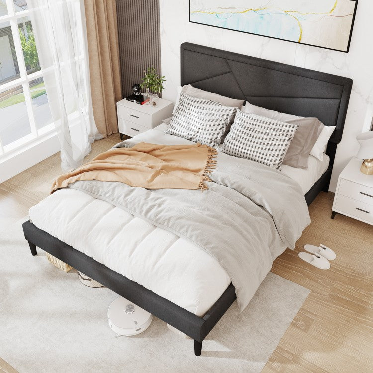 Faux Linen Upholstered Platform Bed with Button-Tufted Headboard and Solid Wood Slats – Queen Size