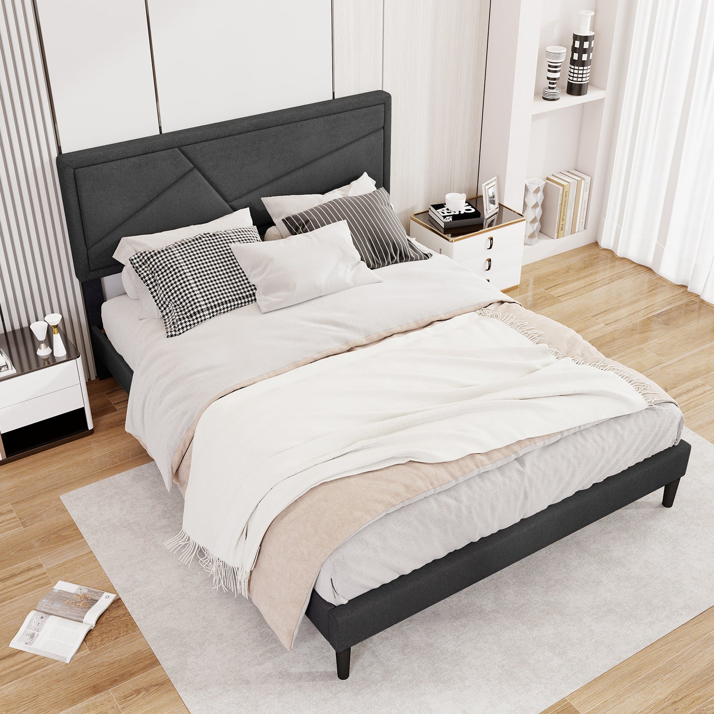 Faux Linen Upholstered Platform Bed with Button-Tufted Headboard and Solid Wood Slats – Queen Size