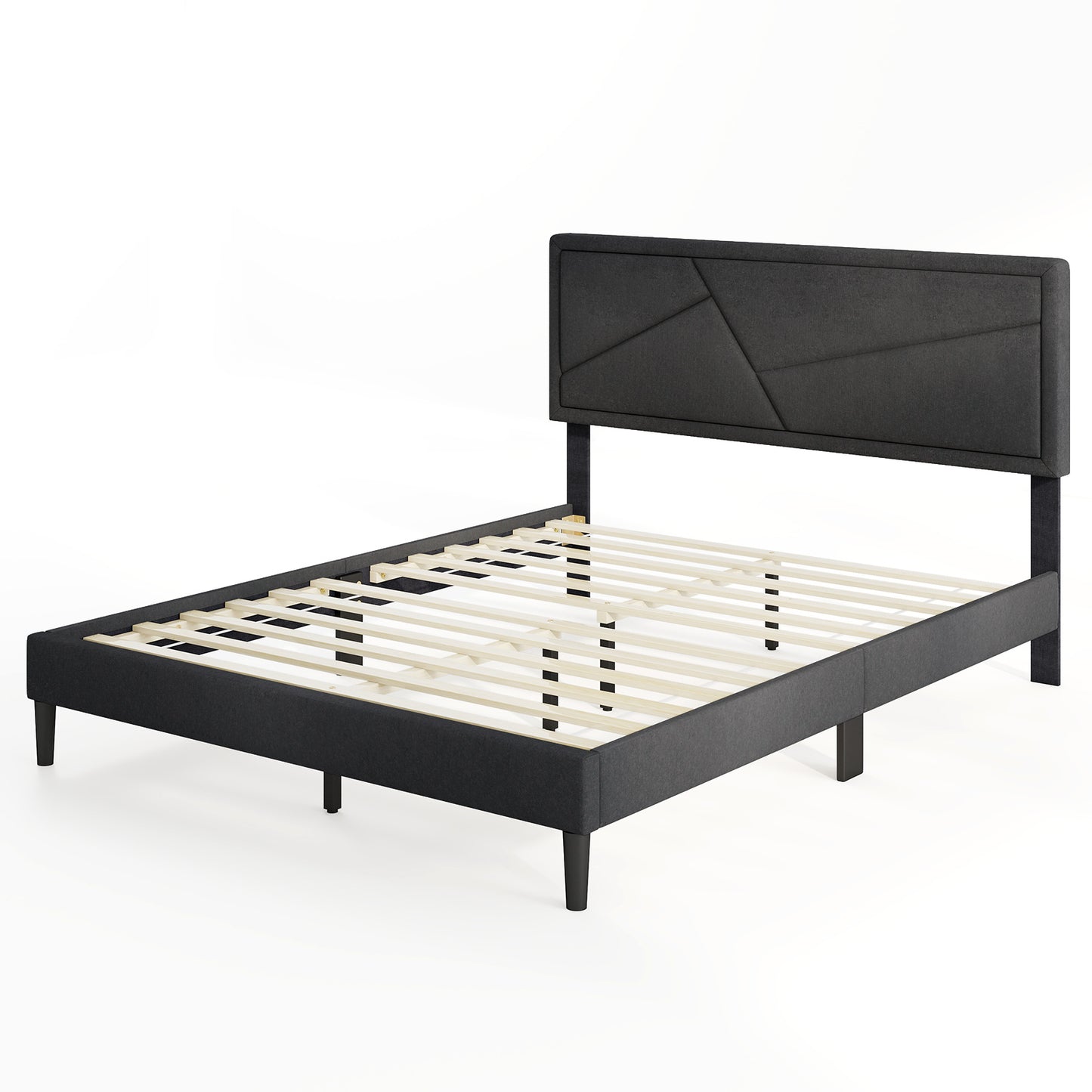 Faux Linen Upholstered Platform Bed with Button-Tufted Headboard and Solid Wood Slats – Queen Size