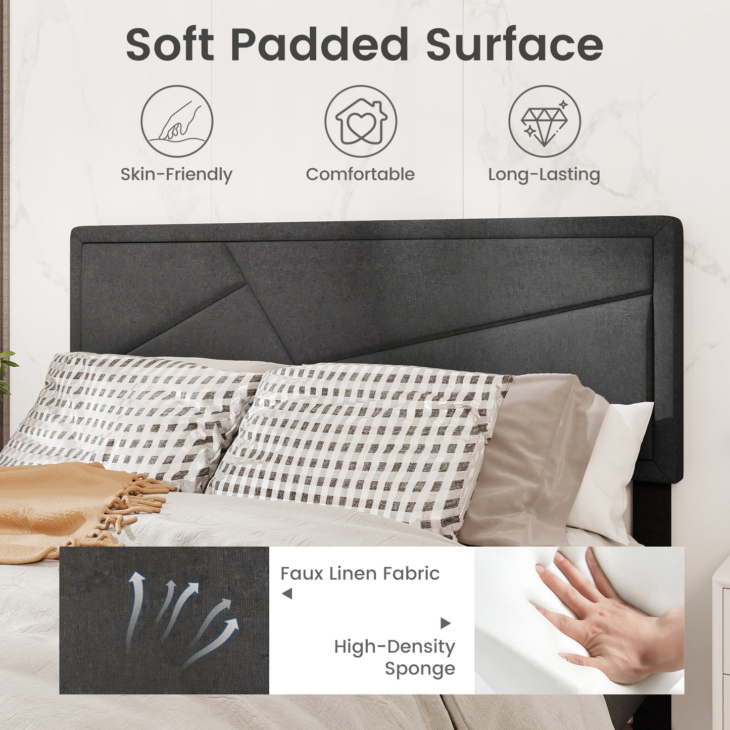 Faux Linen Upholstered Platform Bed with Button-Tufted Headboard and Solid Wood Slats – Queen Size