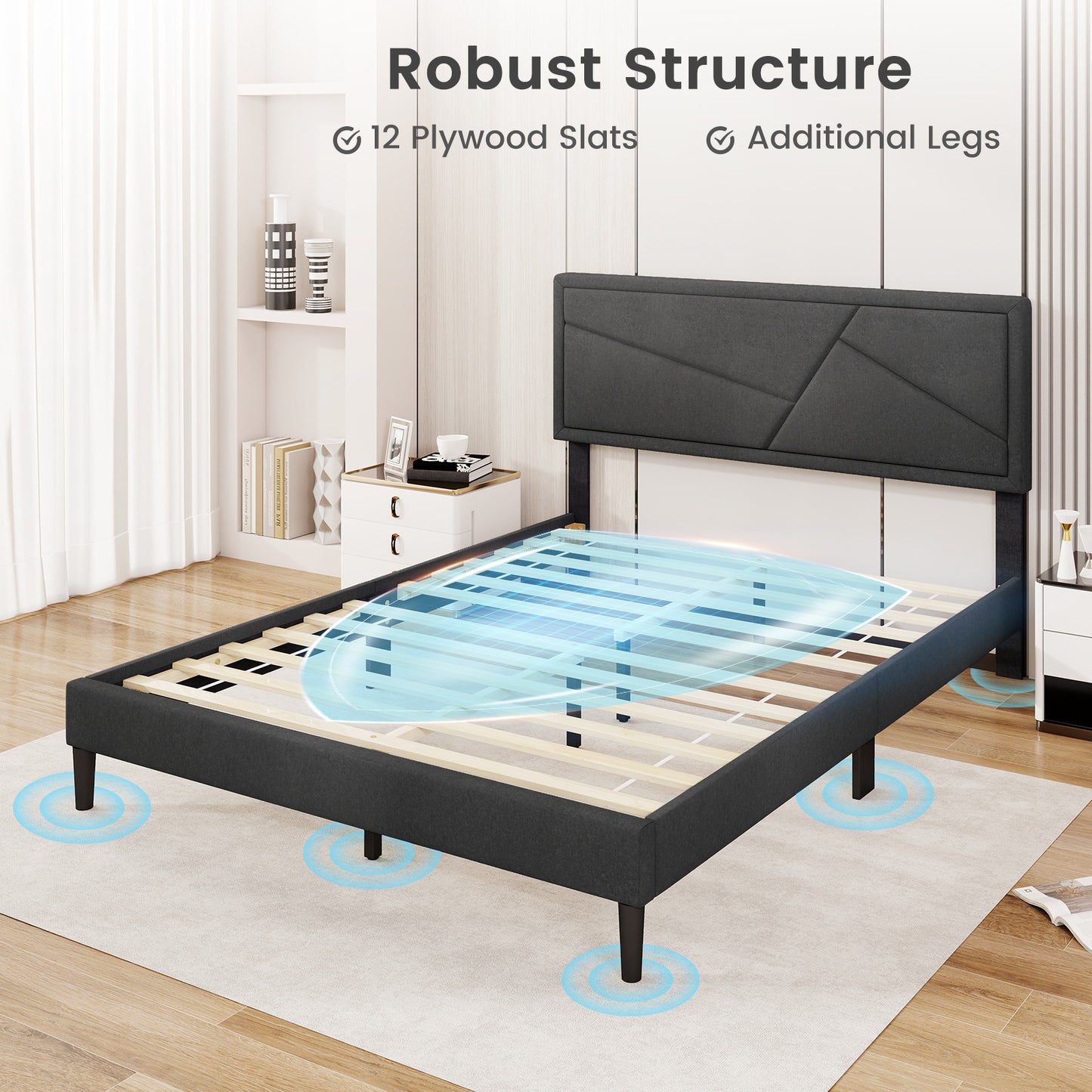 Faux Linen Upholstered Platform Bed with Button-Tufted Headboard and Solid Wood Slats – Queen Size