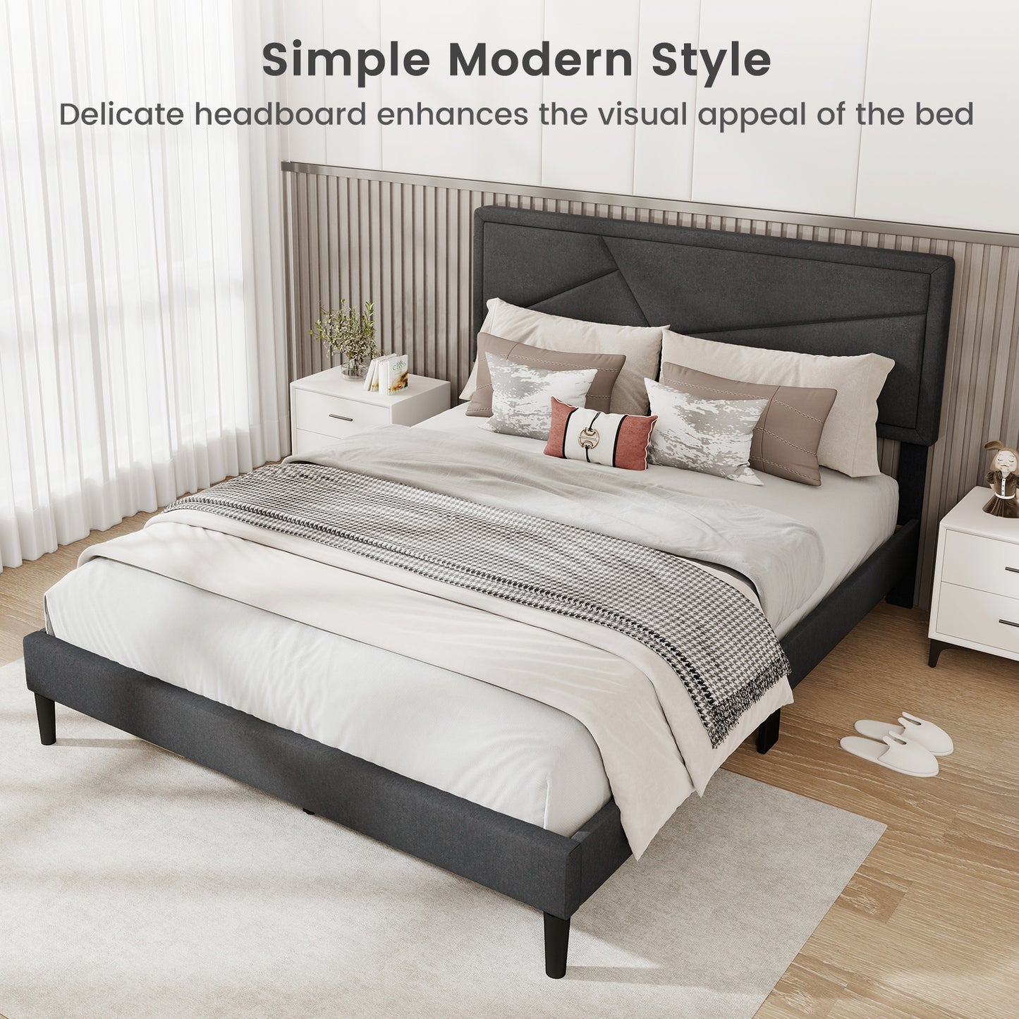 Faux Linen Upholstered Platform Bed with Button-Tufted Headboard and Solid Wood Slats – Queen Size