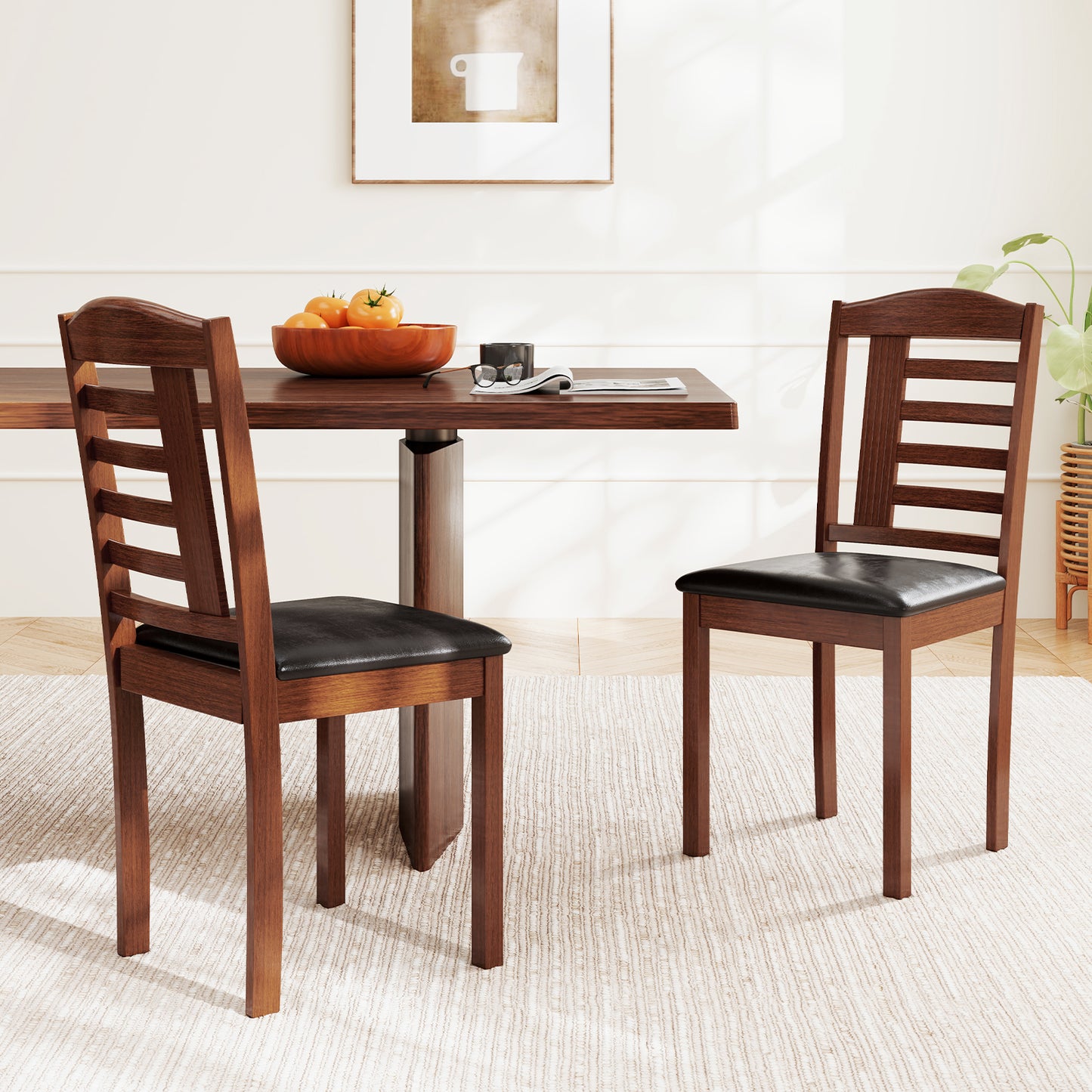Wooden Dining Chairs with Comfortable Faux Leather Upholstered Seat, Set of 2