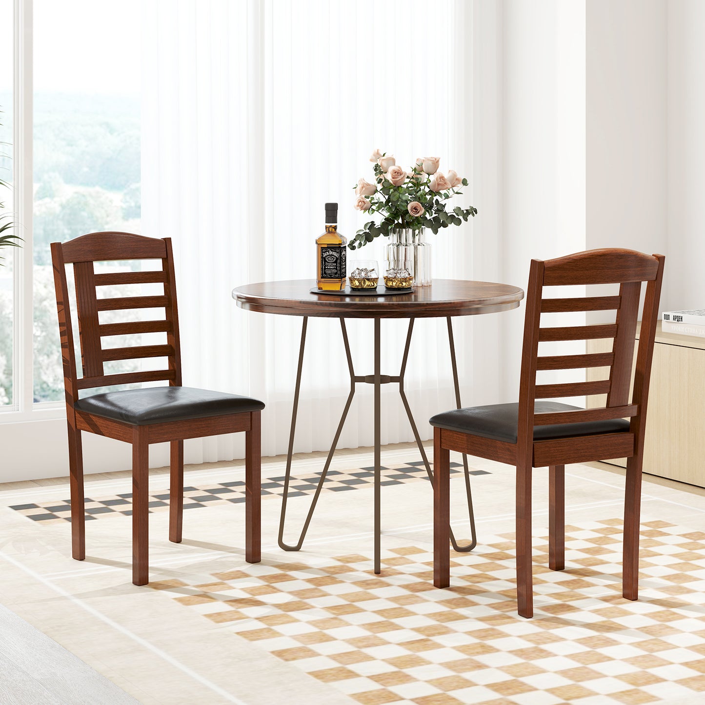 Wooden Dining Chairs with Comfortable Faux Leather Upholstered Seat, Set of 2