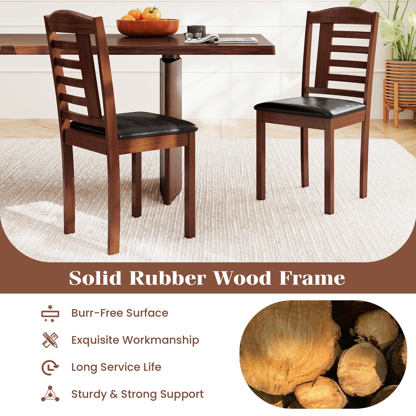 Wooden Dining Chairs with Comfortable Faux Leather Upholstered Seat, Set of 2