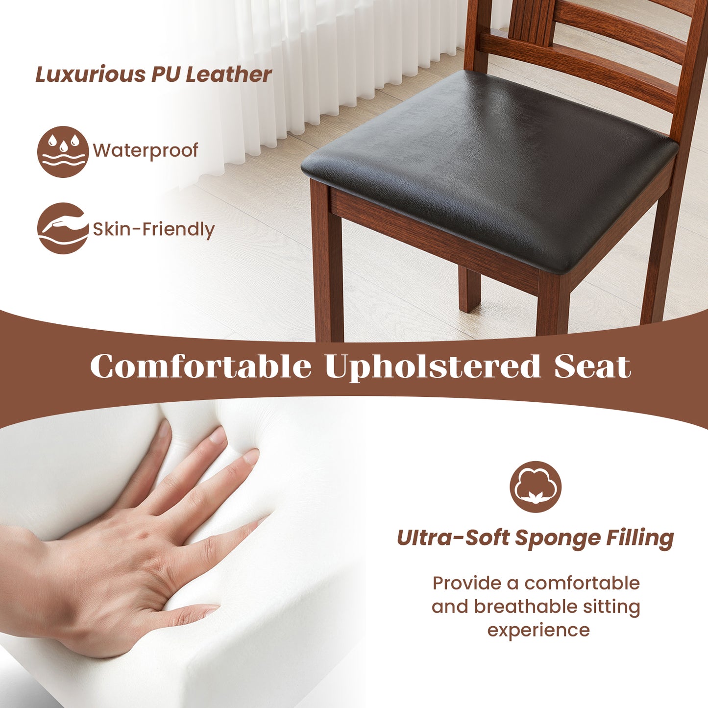 Wooden Dining Chairs with Comfortable Faux Leather Upholstered Seat, Set of 2