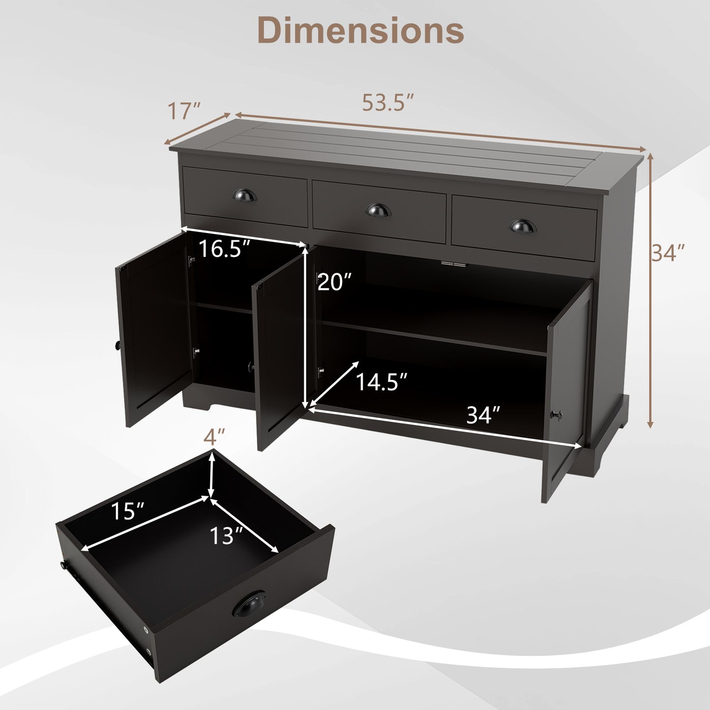 Modern Sideboard Buffet Cabinet with 3 Drawers Adjustable Shelves and Storage Doors - Brown
