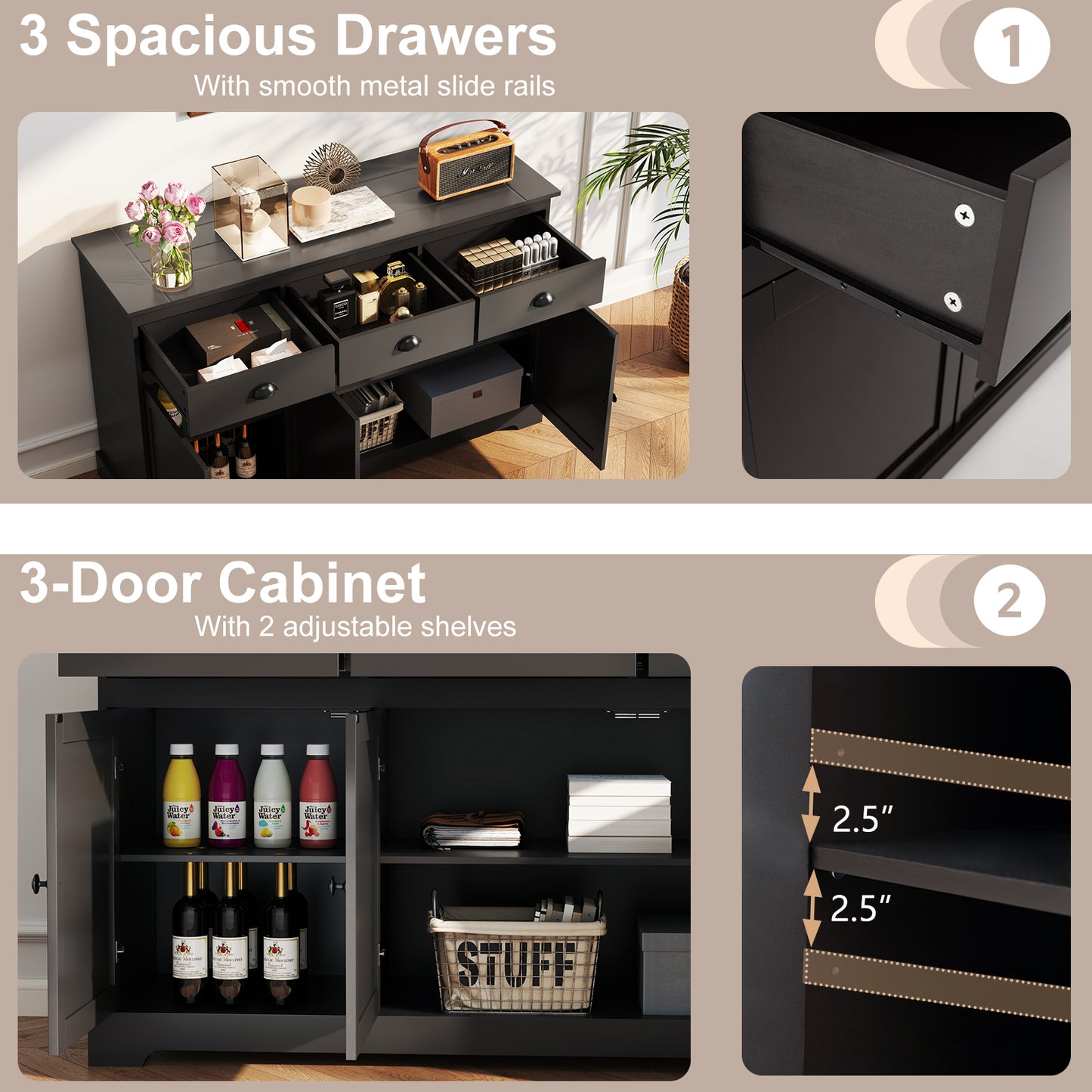 Modern Sideboard Buffet Cabinet with 3 Drawers Adjustable Shelves and Storage Doors - Brown
