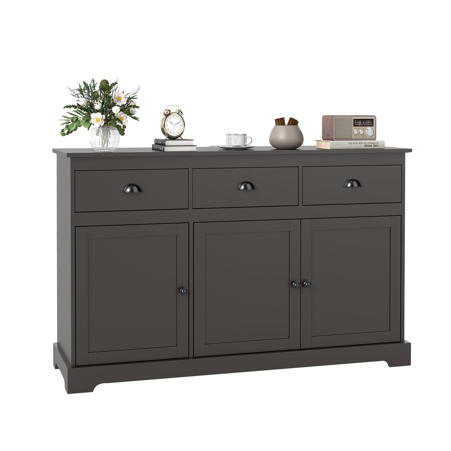 Modern Sideboard Buffet Cabinet with 3 Drawers Adjustable Shelves and Storage Doors - Brown