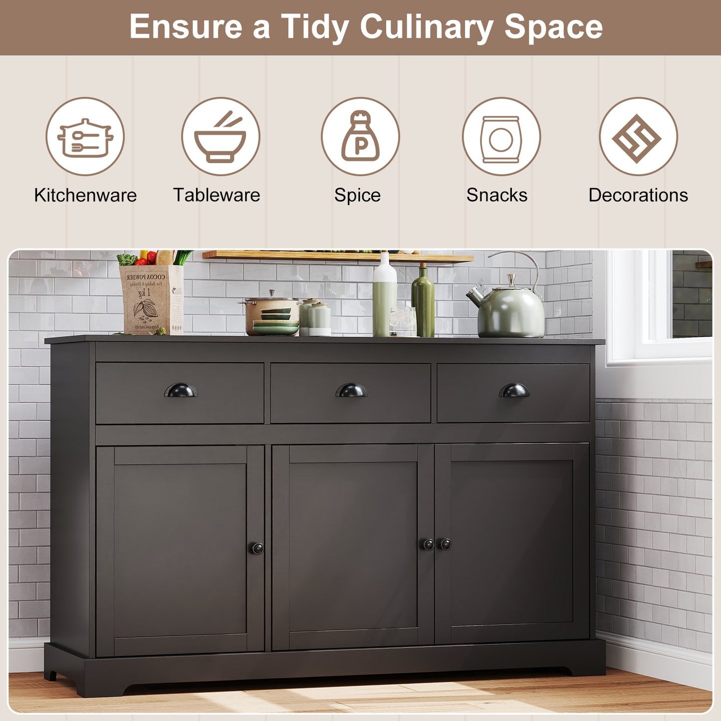 Modern Sideboard Buffet Cabinet with 3 Drawers Adjustable Shelves and Storage Doors - Brown