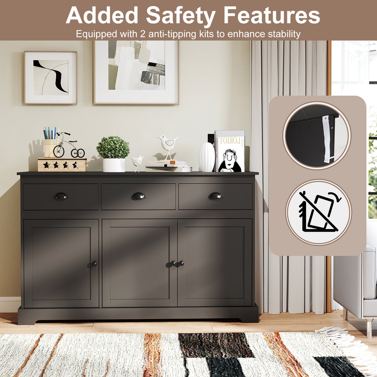 Modern Sideboard Buffet Cabinet with 3 Drawers Adjustable Shelves and Storage Doors - Brown