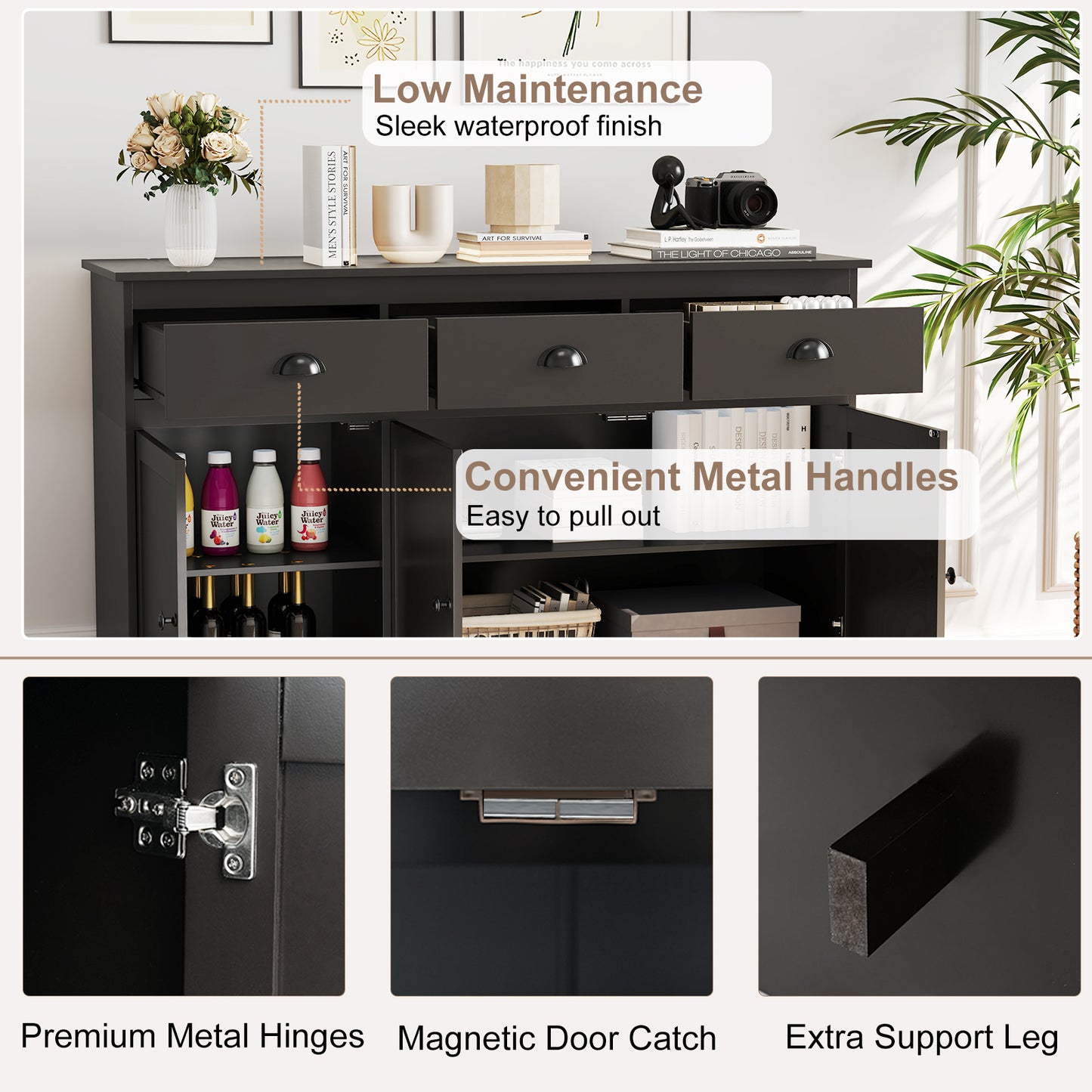 Modern Sideboard Buffet Cabinet with 3 Drawers Adjustable Shelves and Storage Doors - Brown