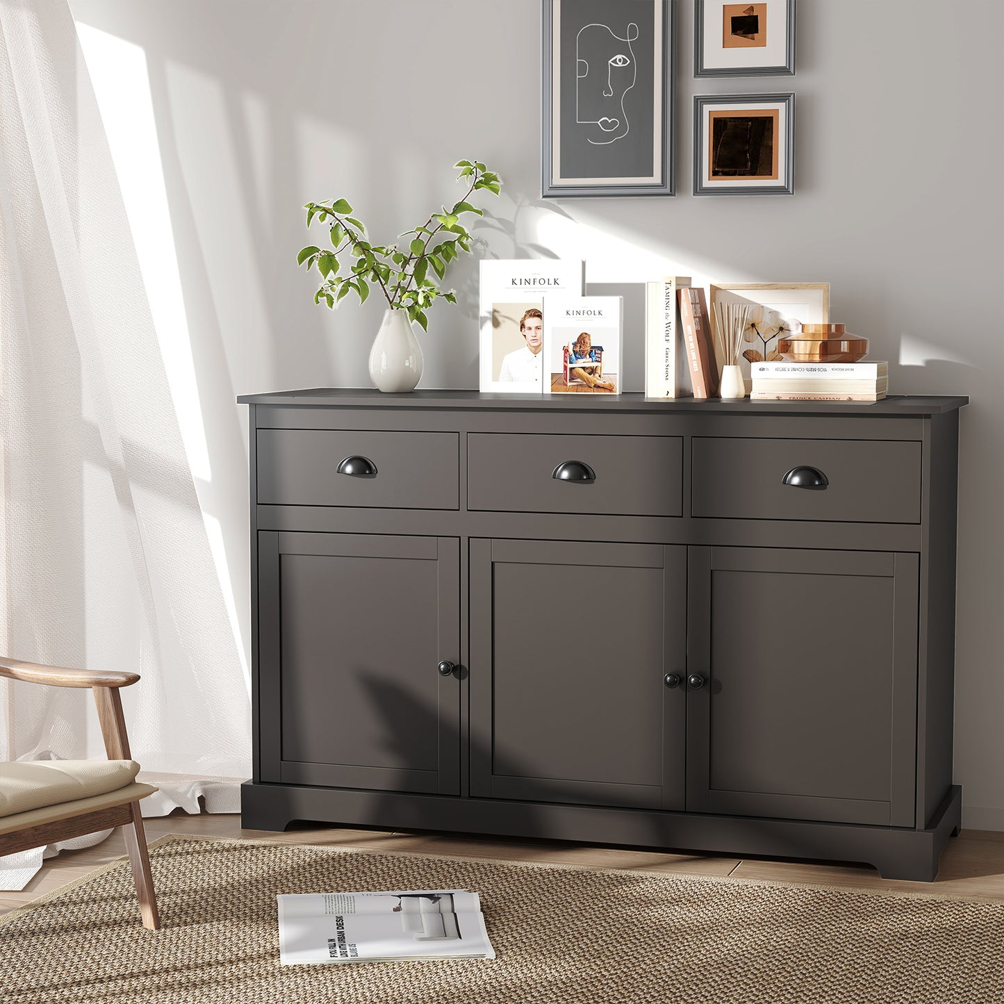 Modern Sideboard Buffet Cabinet with 3 Drawers Adjustable Shelves and Storage Doors - Brown