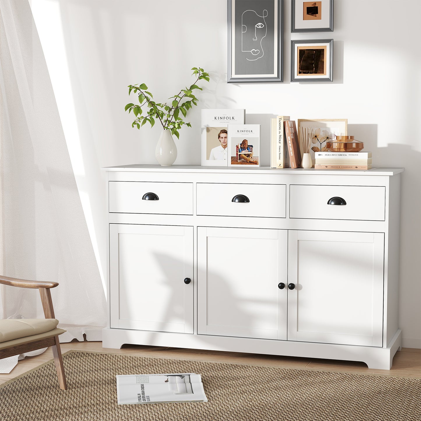 Modern Sideboard Buffet Cabinet with 3 Drawers Adjustable Shelves and Storage Doors - White