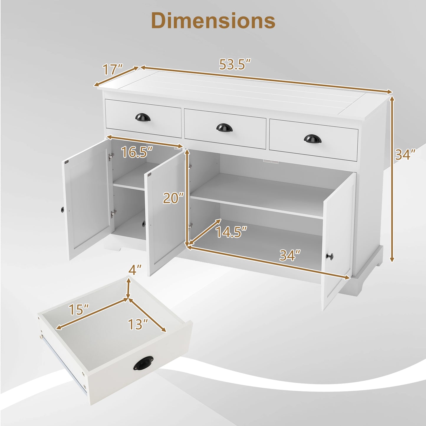 Modern Sideboard Buffet Cabinet with 3 Drawers Adjustable Shelves and Storage Doors - White