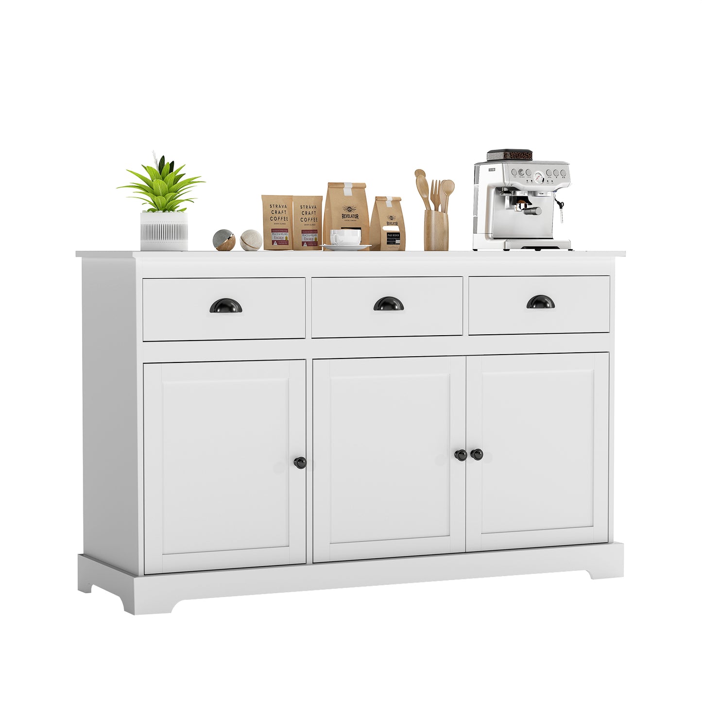Modern Sideboard Buffet Cabinet with 3 Drawers Adjustable Shelves and Storage Doors - White
