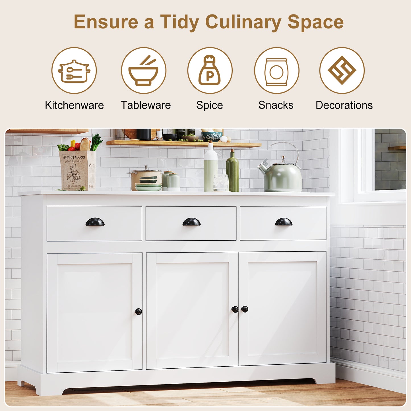 Modern Sideboard Buffet Cabinet with 3 Drawers Adjustable Shelves and Storage Doors - White