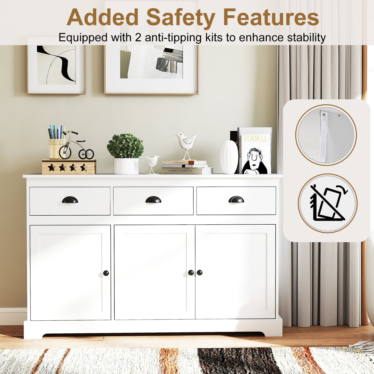 Modern Sideboard Buffet Cabinet with 3 Drawers Adjustable Shelves and Storage Doors - White