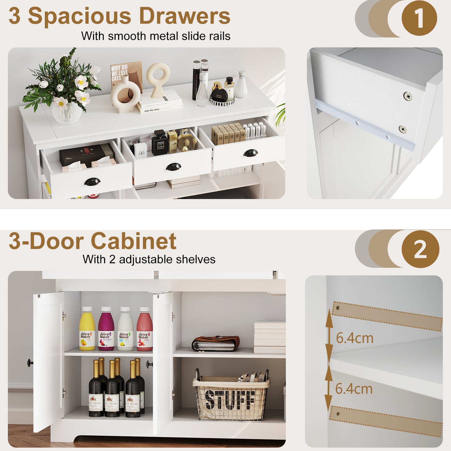 Modern Sideboard Buffet Cabinet with 3 Drawers Adjustable Shelves and Storage Doors - White
