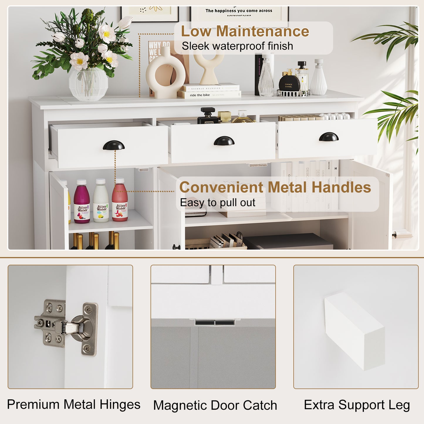 Modern Sideboard Buffet Cabinet with 3 Drawers Adjustable Shelves and Storage Doors - White