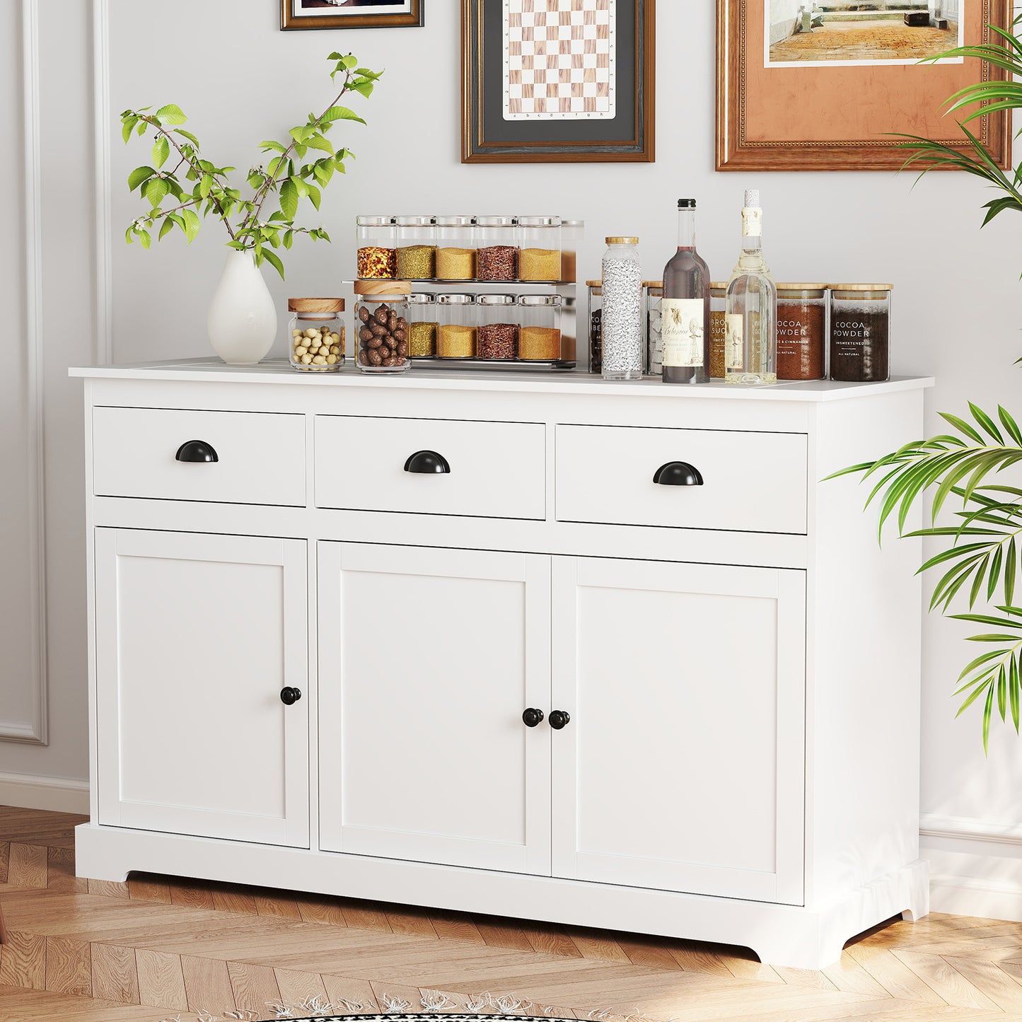 Modern Sideboard Buffet Cabinet with 3 Drawers Adjustable Shelves and Storage Doors - White