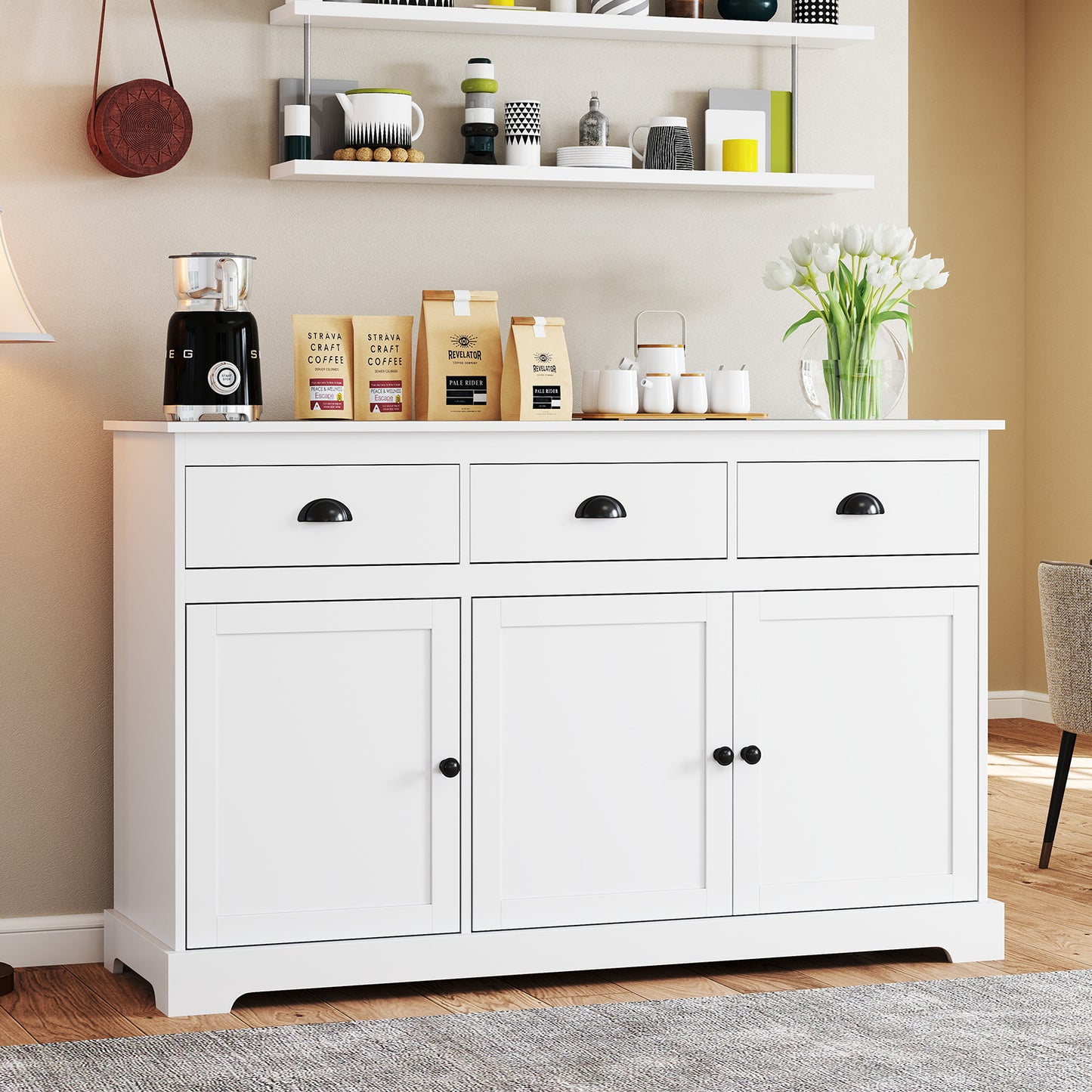 Modern Sideboard Buffet Cabinet with 3 Drawers Adjustable Shelves and Storage Doors - White
