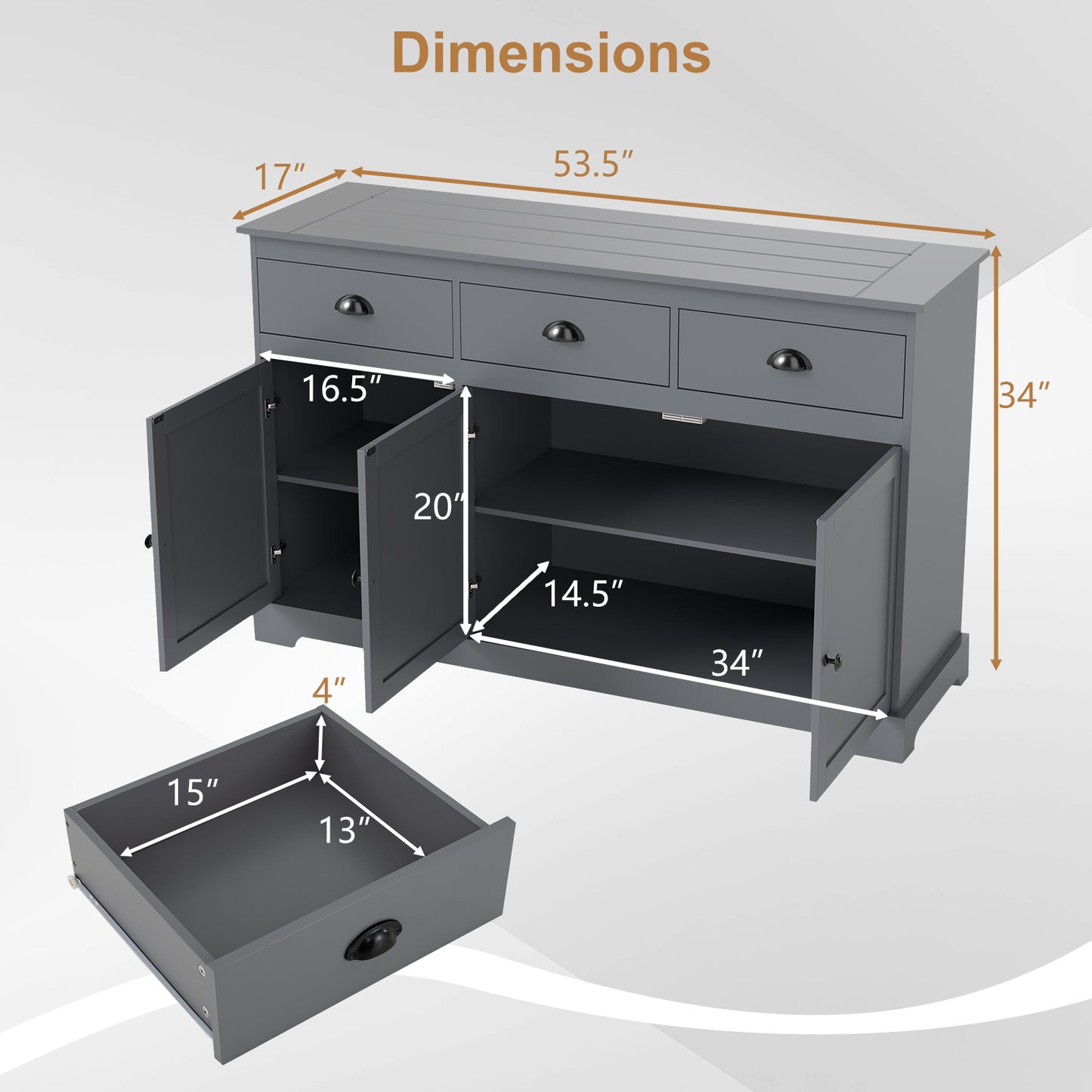 Modern Sideboard Buffet Cabinet with 3 Drawers Adjustable Shelves and Storage Doors - Grey