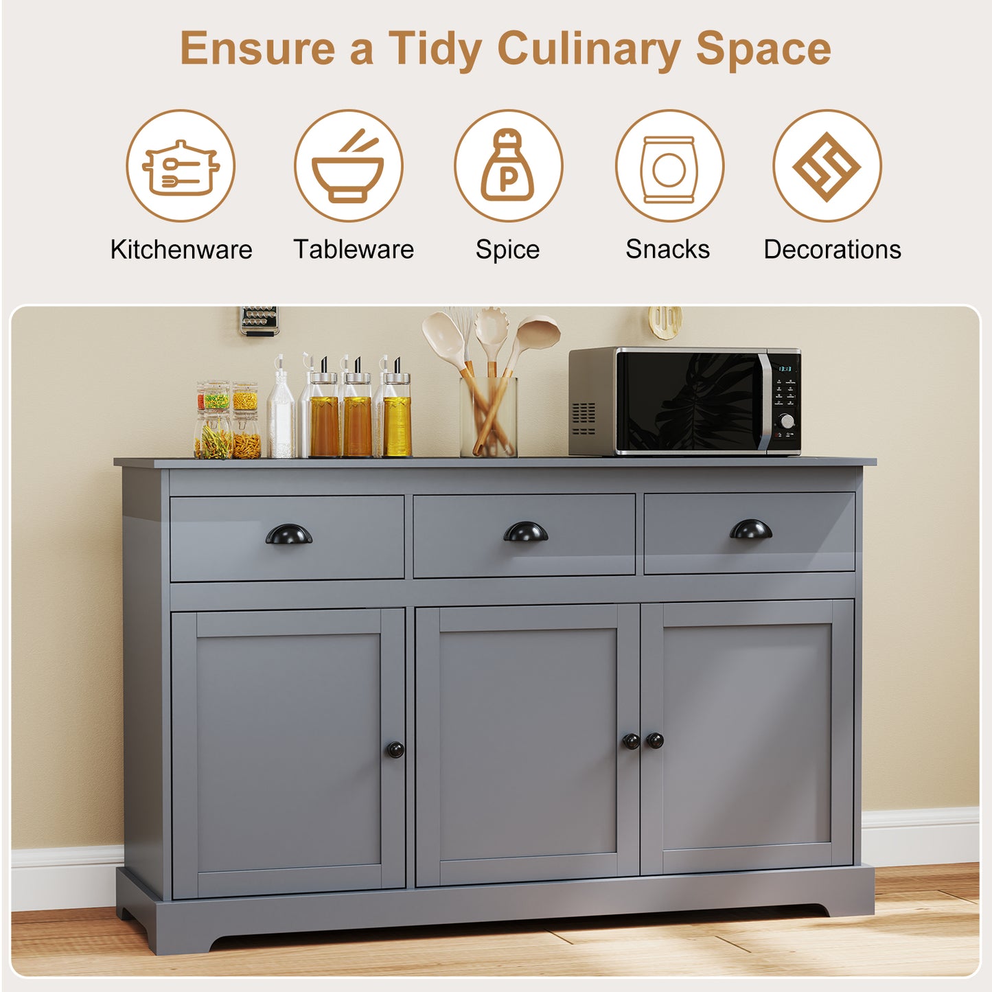 Modern Sideboard Buffet Cabinet with 3 Drawers Adjustable Shelves and Storage Doors - Grey