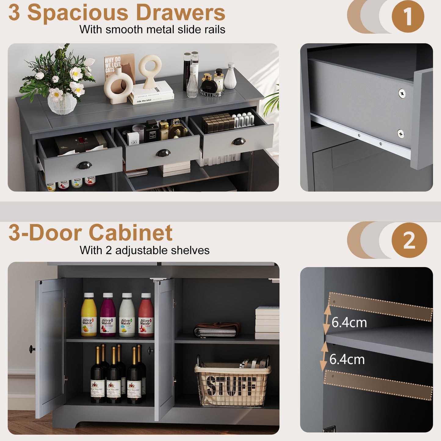 Modern Sideboard Buffet Cabinet with 3 Drawers Adjustable Shelves and Storage Doors - Grey