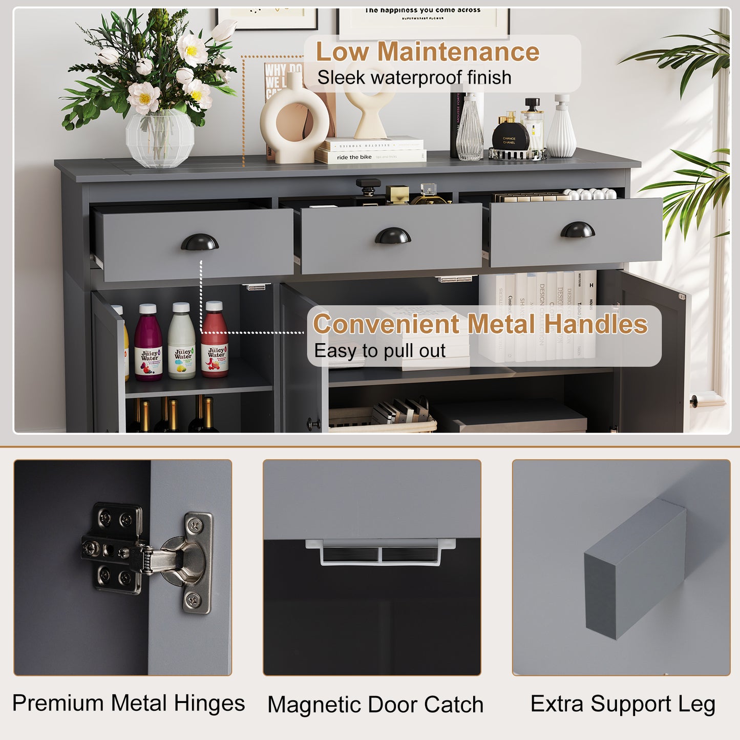 Modern Sideboard Buffet Cabinet with 3 Drawers Adjustable Shelves and Storage Doors - Grey