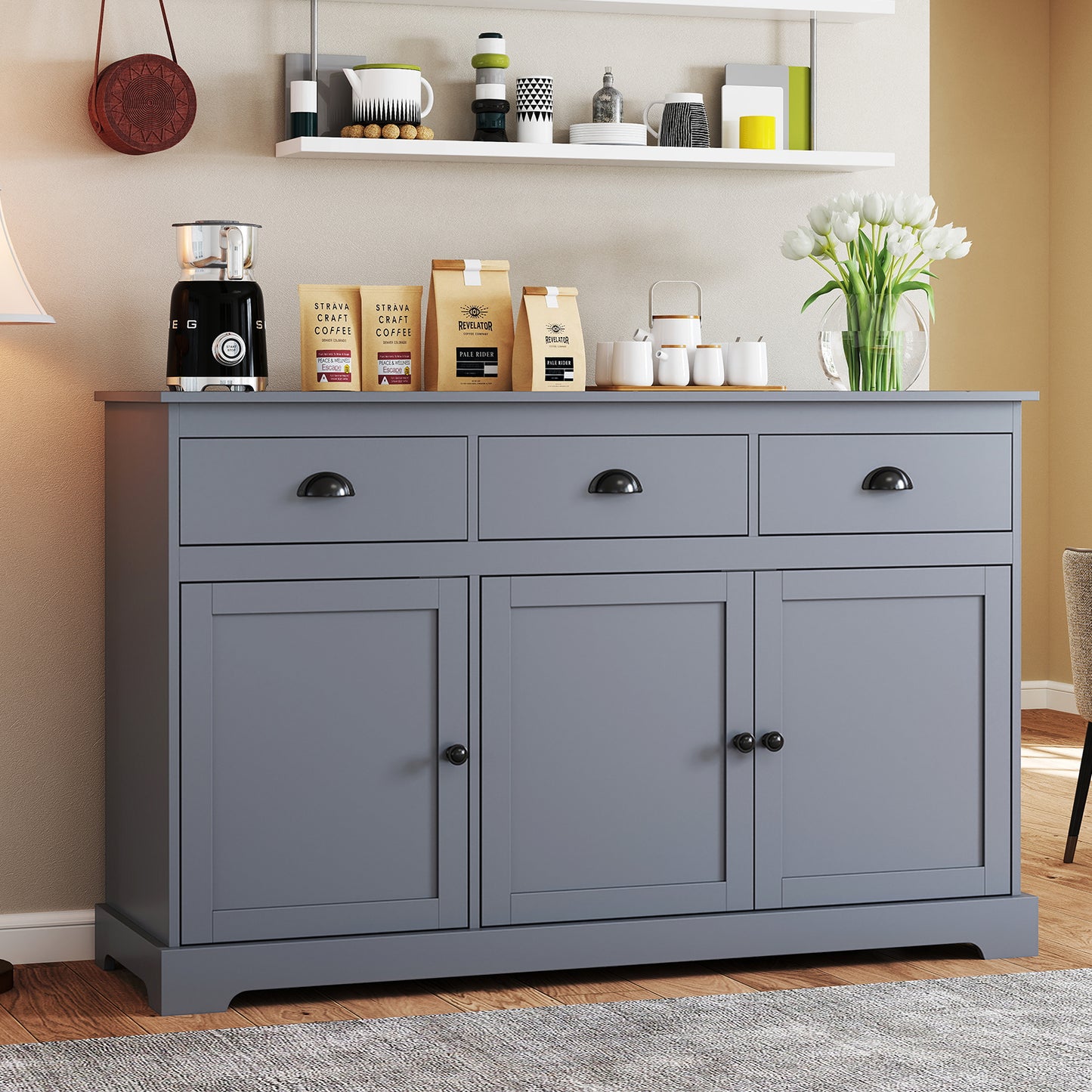 Modern Sideboard Buffet Cabinet with 3 Drawers Adjustable Shelves and Storage Doors - Grey