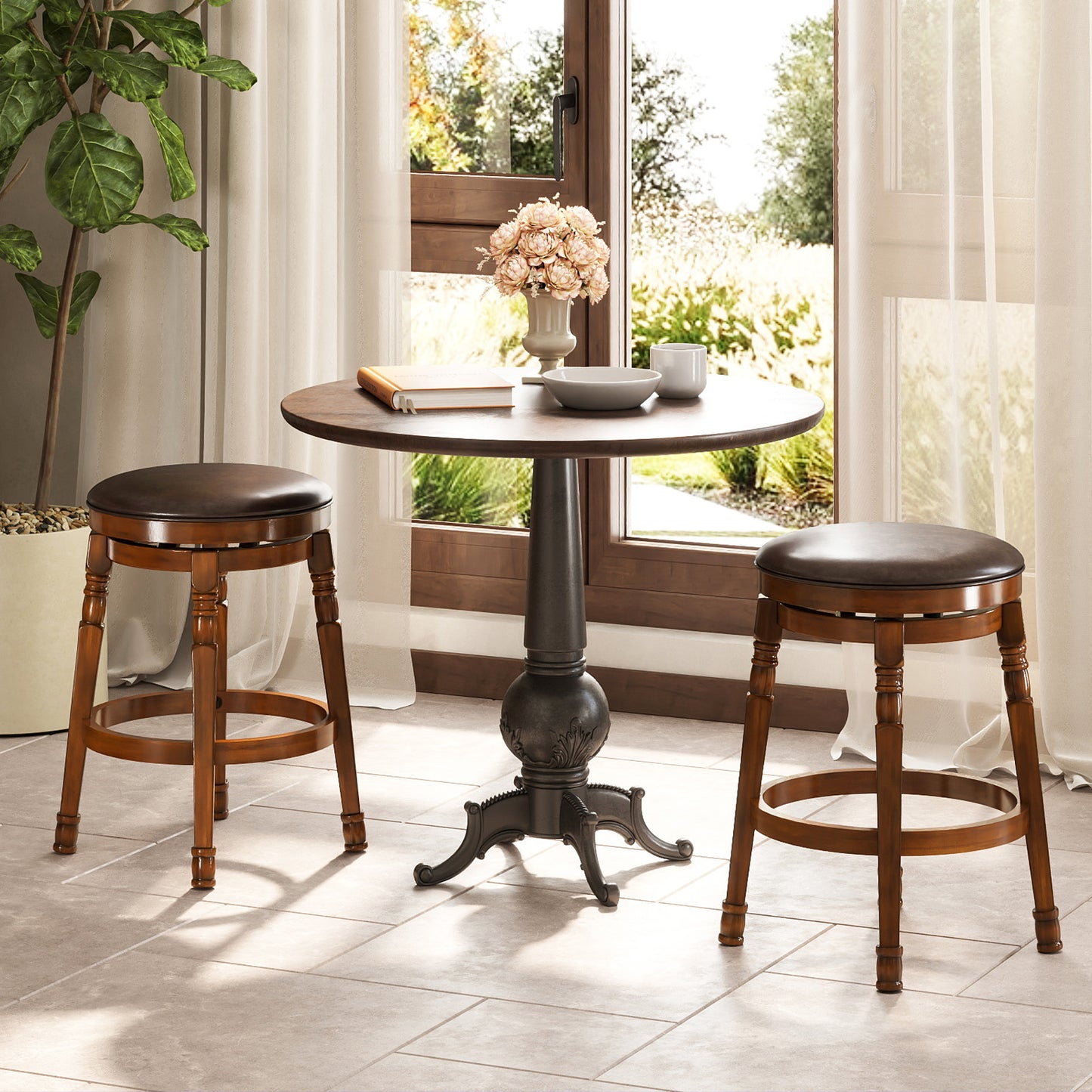 Set of 2 Leather Upholstered Swivel Bar Stools with 24 Inch Seat Height
