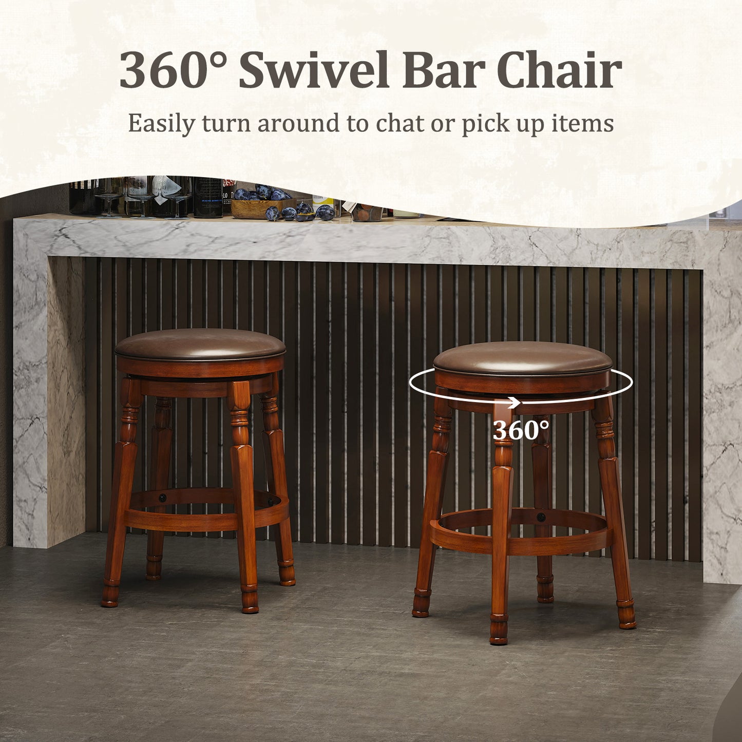 Set of 2 Leather Upholstered Swivel Bar Stools with 24 Inch Seat Height