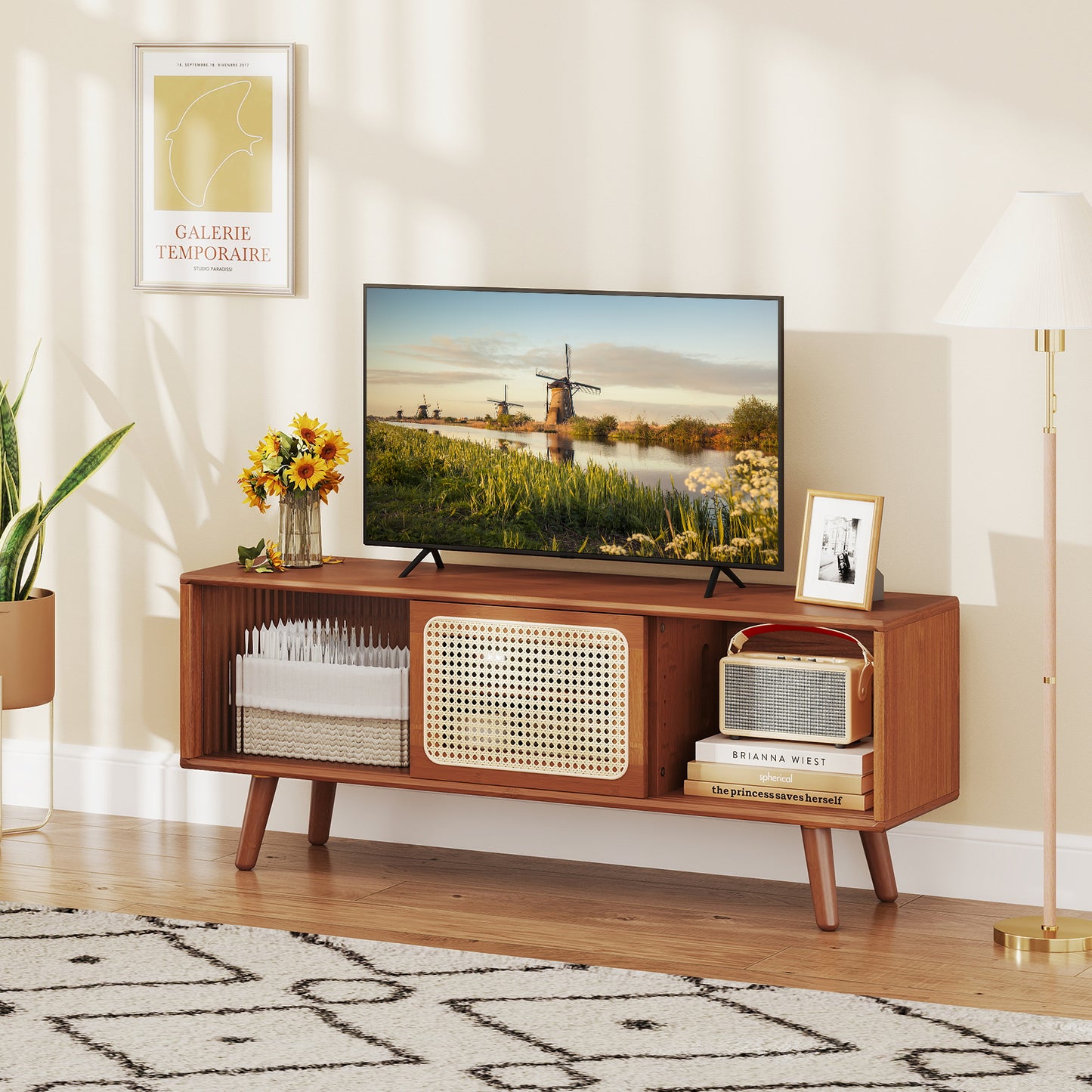 Modern TV Stand with Rattan and Corrugated Glass Sliding Doors for TVs up to 55 Inches - Brown