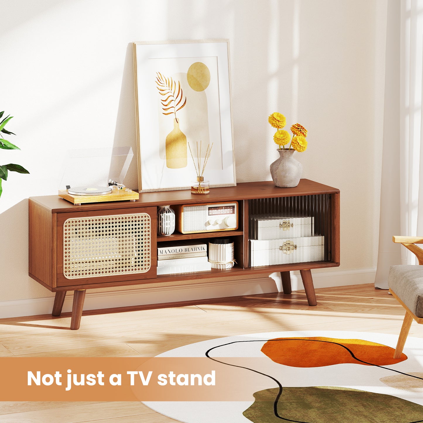 Modern TV Stand with Rattan and Corrugated Glass Sliding Doors for TVs up to 55 Inches - Brown